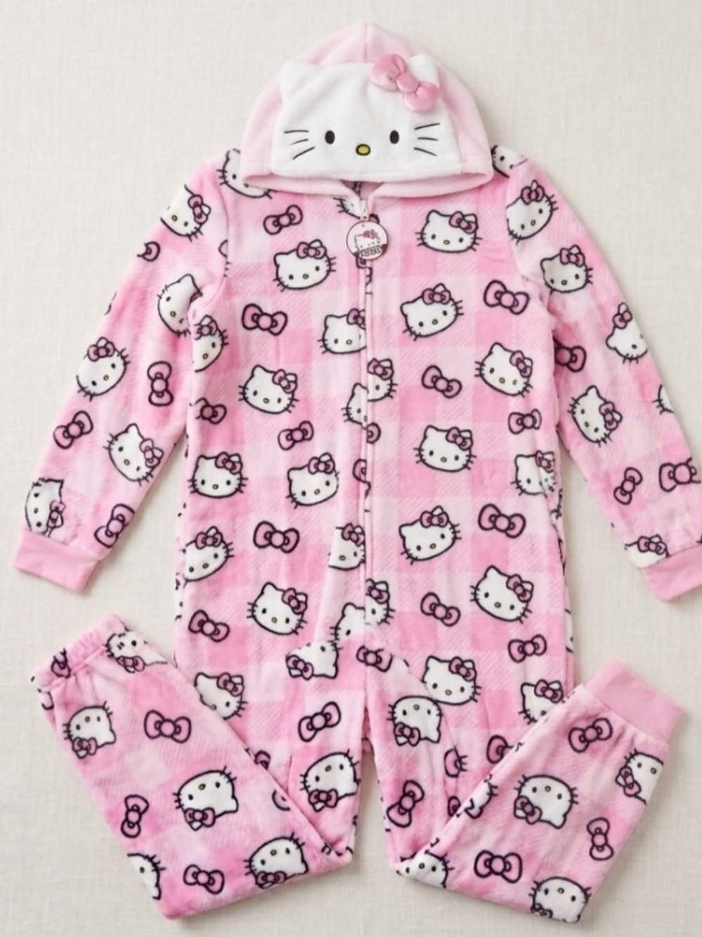 NEW! Hello Kitty Pink Hooded Fleece One-Piece Pajama Sz Large NWT - Picture 2 of 7